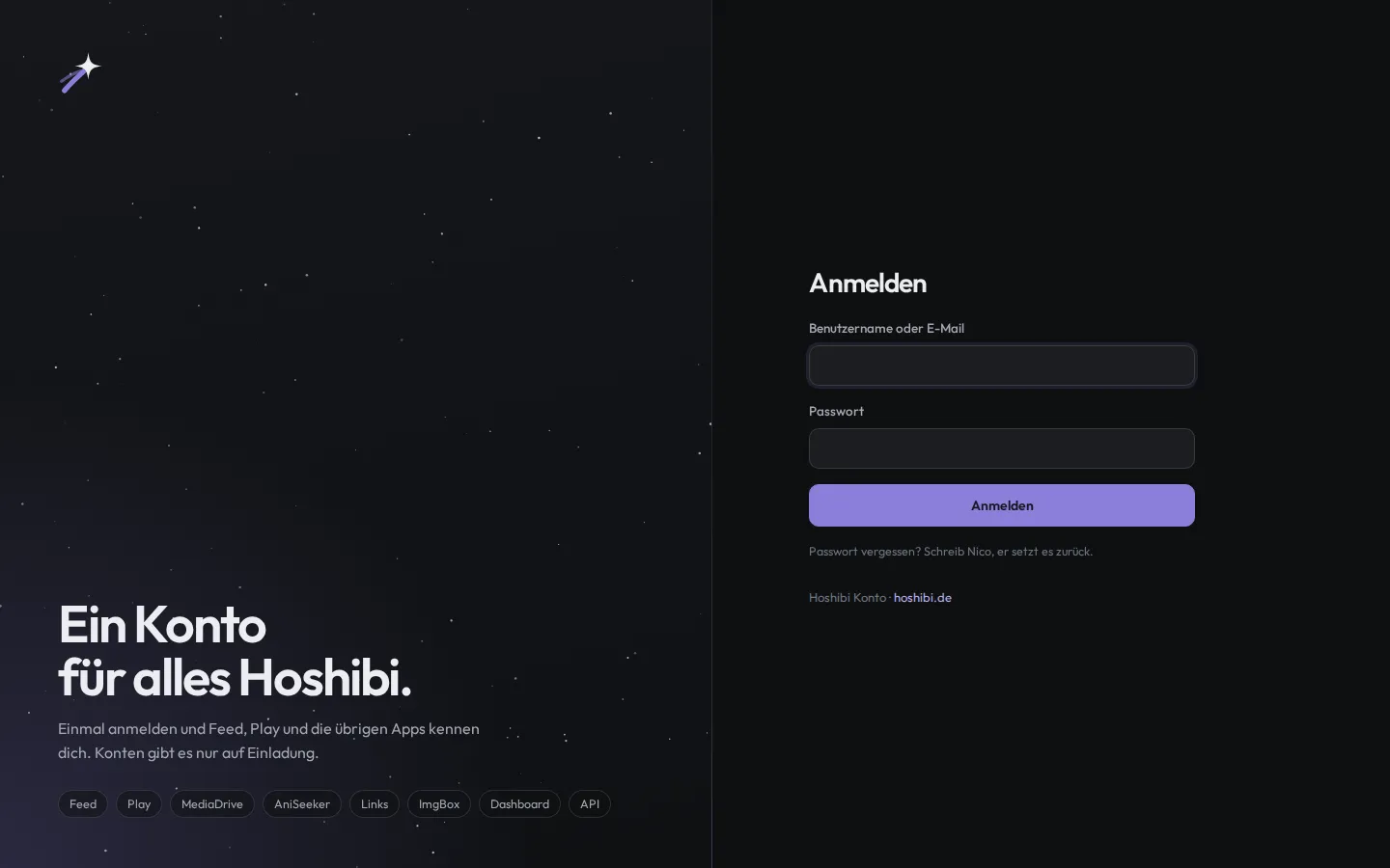 Anmeldeseite des Hoshibi Kontos mit Sternenhimmel