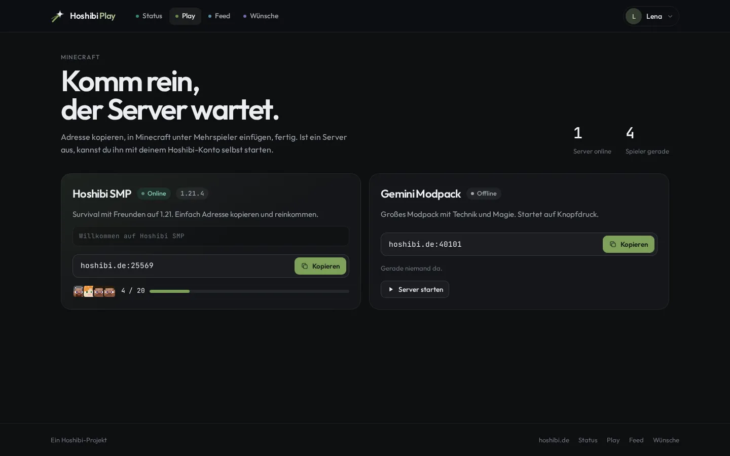 Hoshibi Play mit zwei Minecraft-Servern, Spielern und Adressen